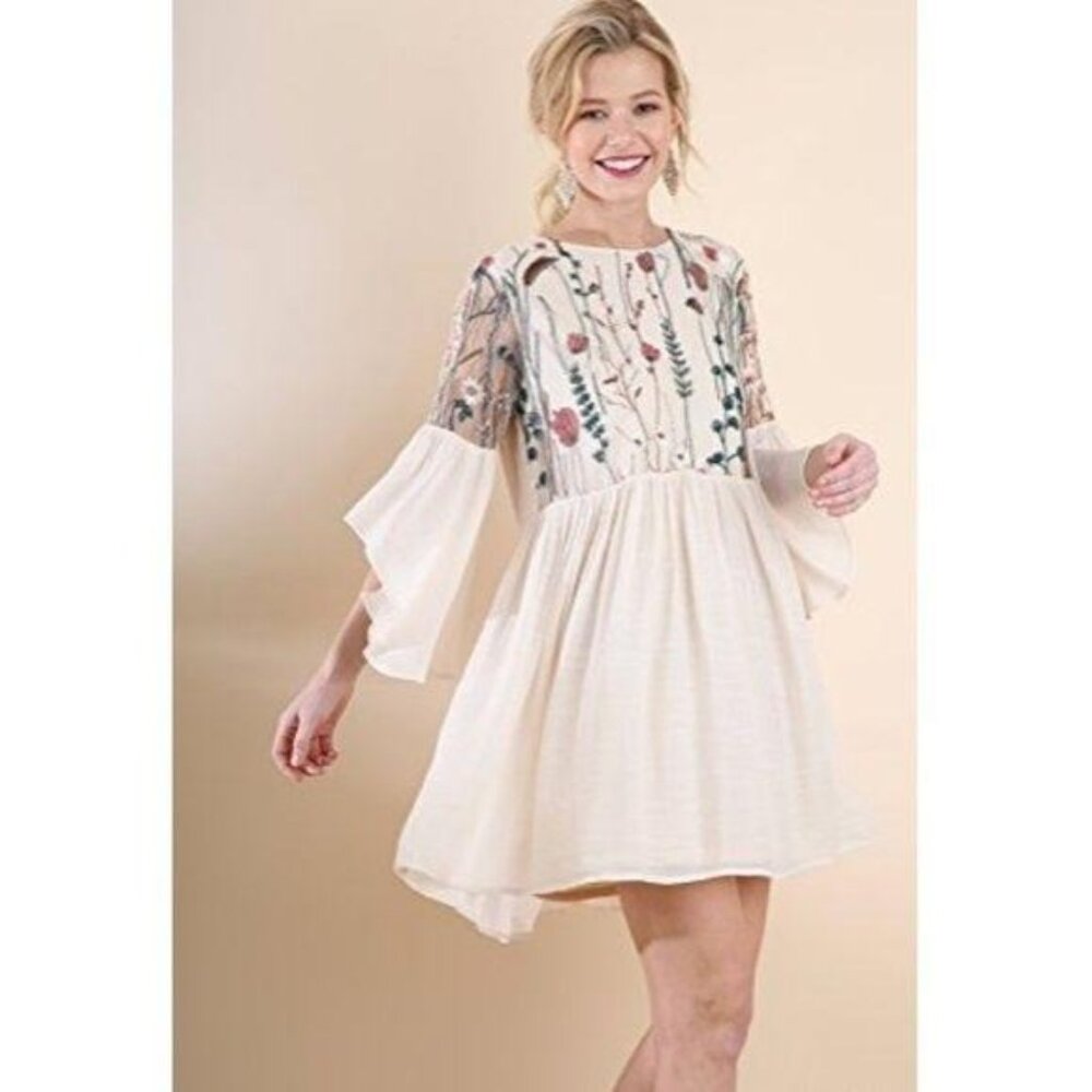 Umgee Natural Color Embroidered Dress - Picture 2 of 5